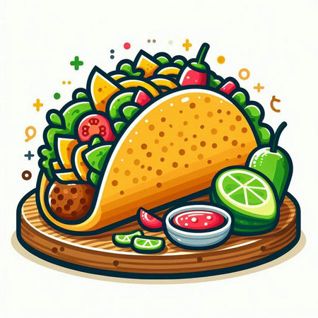 Mexican food vector illustration. Taco with guacamole, lime, chili pepper, tomato sauce.のイラスト素材