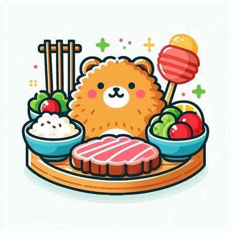 Kawaii cute lion eating sushi and rolls. Vector illustration.のイラスト素材