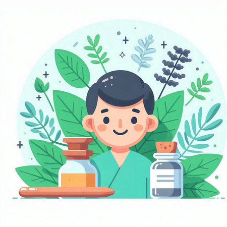 Vector illustration of a man with a bottle of essential oil in his hand.のイラスト素材