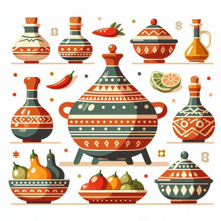 Set of ceramic pots with fruits and vegetables. Vector illustration in flat style.のイラスト素材