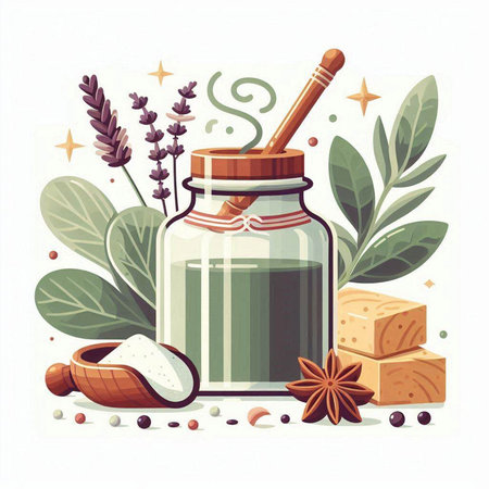 Spa essential oil with lavender, salt and spices. Vector illustration.のイラスト素材