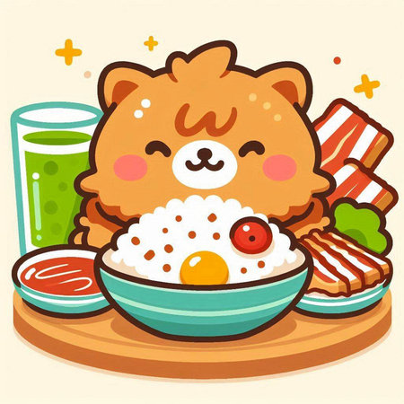 Illustration of a Cute Bear Eating Rice with a Green Juiceのイラスト素材