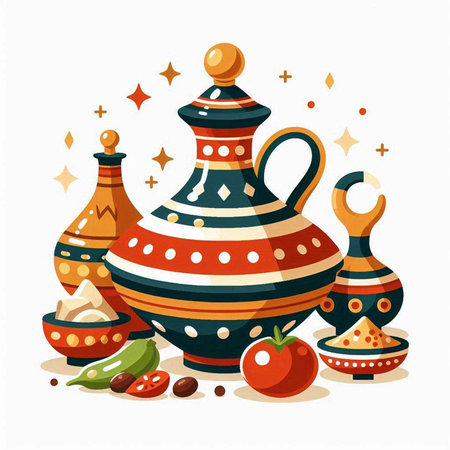 Vector illustration of traditional indian kitchen utensils. Pottery, vase, jar, bowl, spices, tomato, pepper.のイラスト素材
