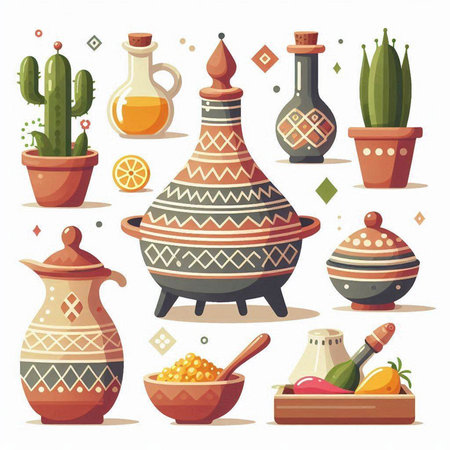 Cactuses, pottery, olive oil, cacti. Vector illustrationのイラスト素材
