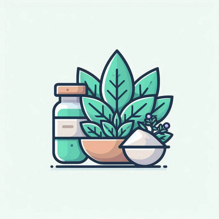 Herbs and spices flat color vector icon. Herbs and spices in bowl, mortar and pestle isolated illustrationのイラスト素材