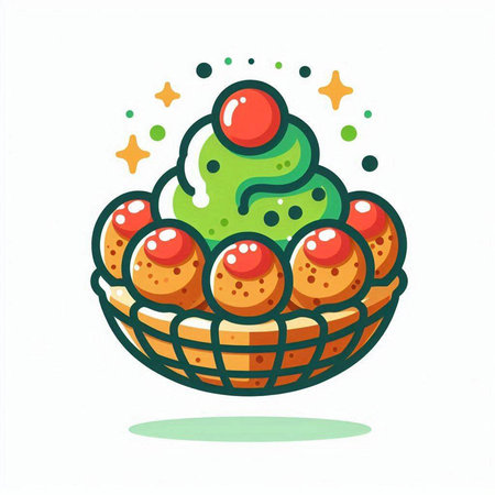 Vector illustration of ice cream in wicker basket with cherry on topのイラスト素材