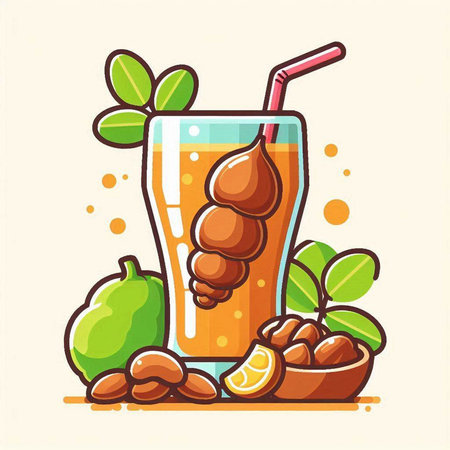 Tamarind juice in a glass with a straw. Vector illustration.のイラスト素材