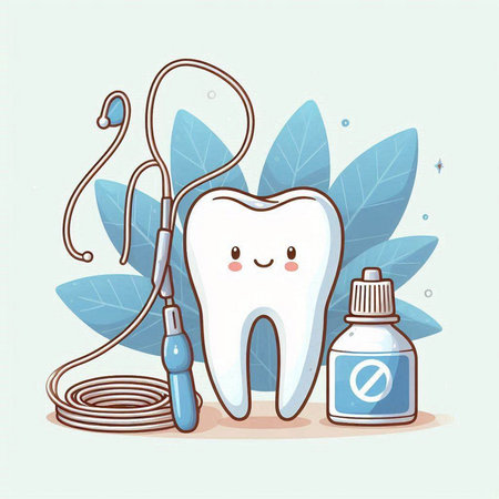 cute cartoon tooth with dental care equipment over blue background, colorful design, vector illustrationのイラスト素材