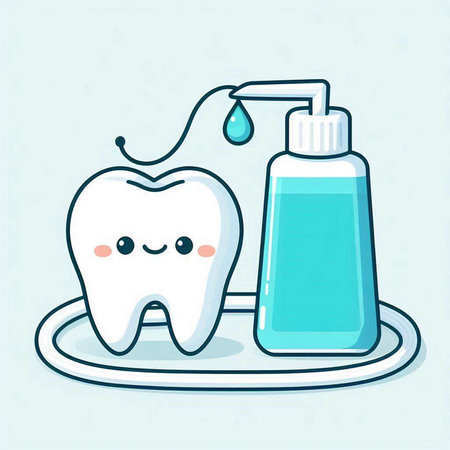 Cute cartoon tooth with toothbrush and hand sanitizer. Vector illustration.のイラスト素材