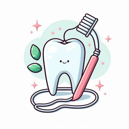 Cute cartoon tooth with toothbrush and toothpaste. Vector illustration.のイラスト素材