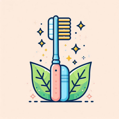Vector illustration of toothbrush with leaves. Flat line art style.のイラスト素材