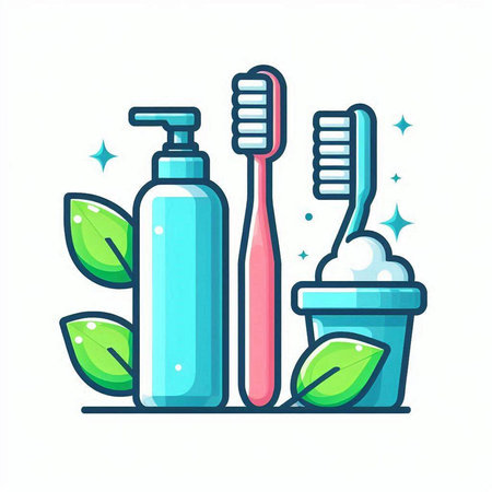 Set of toothbrushes, toothpaste and shampoo. Vector illustration.のイラスト素材