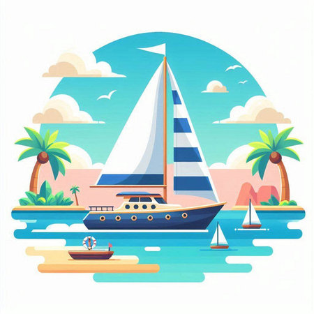 Yacht and palm trees on the background of the sea. Vector illustrationのイラスト素材