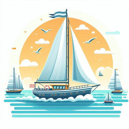 Sailing yacht on the background of the sea. Vector illustration.のイラスト素材