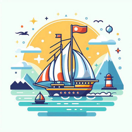 Sailing ship in the sea. Colorful flat vector illustration.のイラスト素材