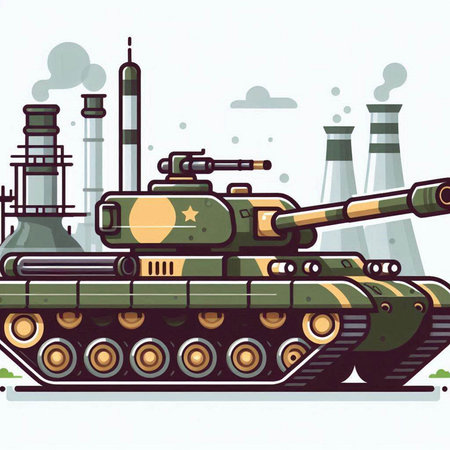 Military tank on the background of factory chimneys. Vector illustration.のイラスト素材