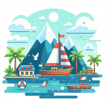 Vector illustration of sea landscape with yacht, mountains and palm trees. Flat style.のイラスト素材