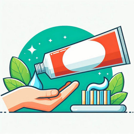 Illustration of a hand holding a tube of toothpaste on a white backgroundのイラスト素材