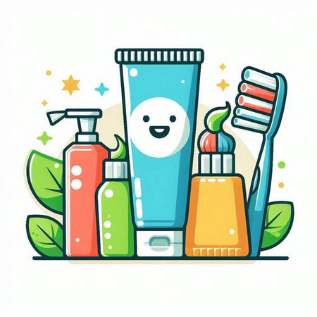 Toothpaste, toothbrush, toothpaste, cream, shampoo, gel, toothpaste. Vector illustration.のイラスト素材