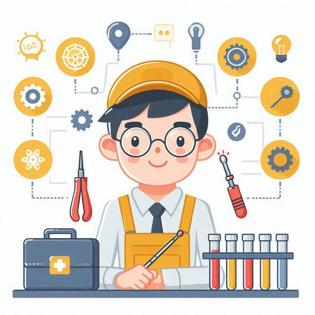 Engineer man in helmet and glasses working with tools. Vector illustration.のイラスト素材