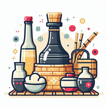 Japanese cuisine vector illustration in flat cartoon style. Sushi, sake, soy sauce and chopsticks.のイラスト素材