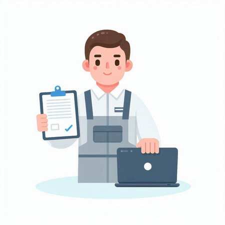 Worker in uniform with laptop and clipboard. Vector illustration in cartoon styleのイラスト素材