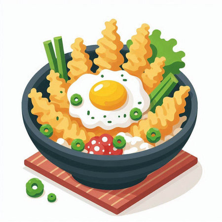 Bowl of noodles with fried egg and vegetables. Vector illustration.のイラスト素材