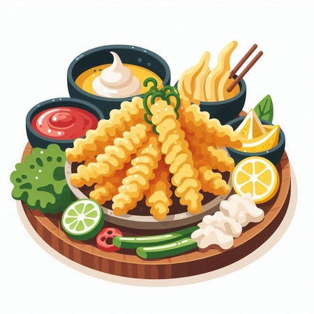 Illustration of fried squid rings with ketchupnnaise and mayonnaiseのイラスト素材