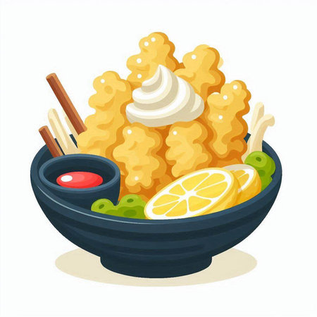 Illustration of a bowl of deep fried squid with lemon and sauceのイラスト素材