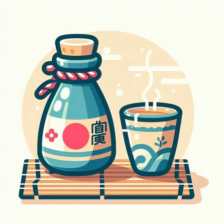 Sake bottle and cup of tea on bamboo mat. Vector illustration.のイラスト素材