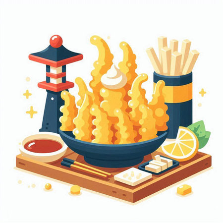 Illustration of Noodles in a Bowl with Sauce and Friesのイラスト素材