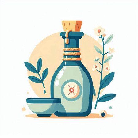 Spa and aromatherapy flat vector illustration. Bottle of essential oil and bowl with herbs and flowers.のイラスト素材