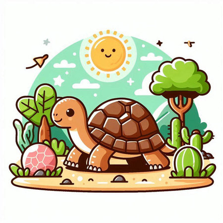 Turtle in the desert. Cute cartoon animal vector illustration.のイラスト素材
