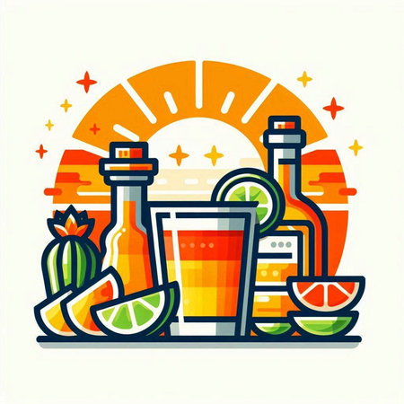 Mexican Tequila Sunrise Cocktail Flat Icon Vector Illustration.のイラスト素材