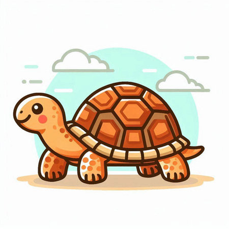Cute cartoon turtle on white background with clouds. Vector illustration.のイラスト素材