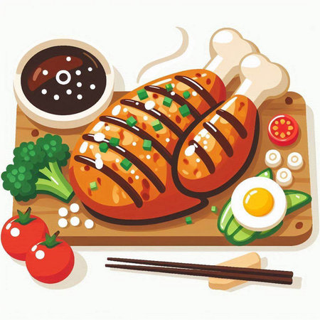 Illustration of grilled chicken on wooden board with chopsticks and vegetablesのイラスト素材