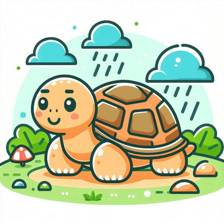 Cute little turtle in the rain. Vector illustration in cartoon style.のイラスト素材