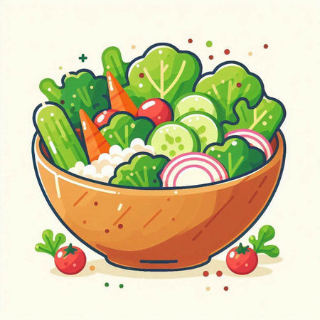 Vegetable salad in a bowl. Vector illustration in cartoon style.のイラスト素材