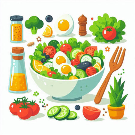 Healthy salad with tomato, cucumber, egg, pepper, herbs and spices. Vector illustration.のイラスト素材
