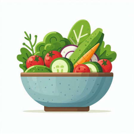 Vegetable salad in a bowl. Vector illustration in flat styleのイラスト素材