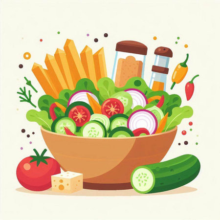Vegetable salad in bowl with french fries and vegetables. Vector illustration.のイラスト素材