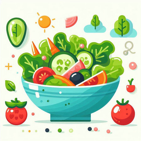 Fresh vegetable salad in bowl vector illustration. Healthy food concept. Vegetarian diet.のイラスト素材