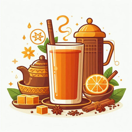 Cup of hot tea with lemon and cinnamon. Vector illustration.のイラスト素材