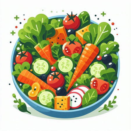 Vegetable salad in a bowl isolated on white background. Vector illustration.のイラスト素材