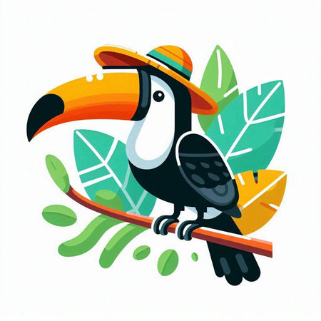 Toucan in a hat on a branch with leaves. Vector illustration.のイラスト素材