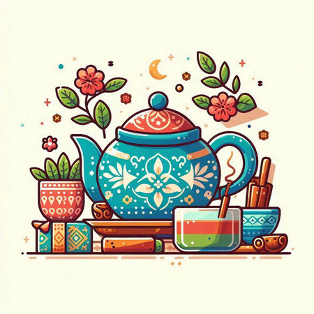 Vector illustration of a teapot with a cup of tea, cinnamon sticks and flowers.のイラスト素材