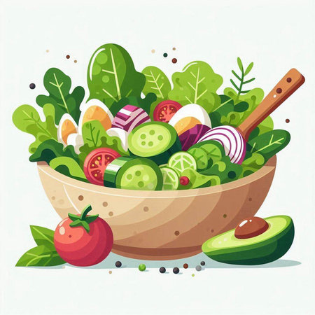 Vegetable salad in a bowl. Vector illustration of healthy food.のイラスト素材