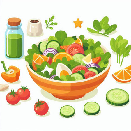 Fresh vegetable salad in a bowl on a white background. Vector illustration.のイラスト素材