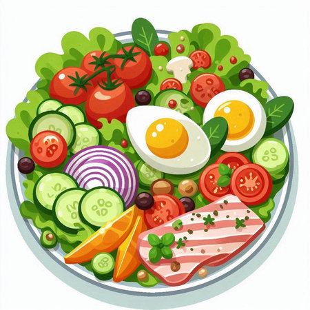 Salad with eggs, bacon, cucumber, tomato, onion, pepper and lettuce. Vector illustration.のイラスト素材