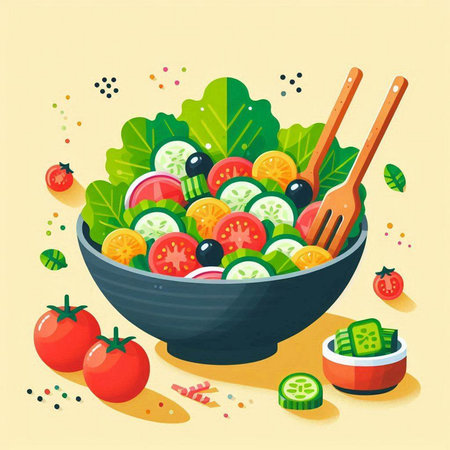 Fresh vegetable salad in bowl with wooden spoon and fork. Vector illustration.のイラスト素材